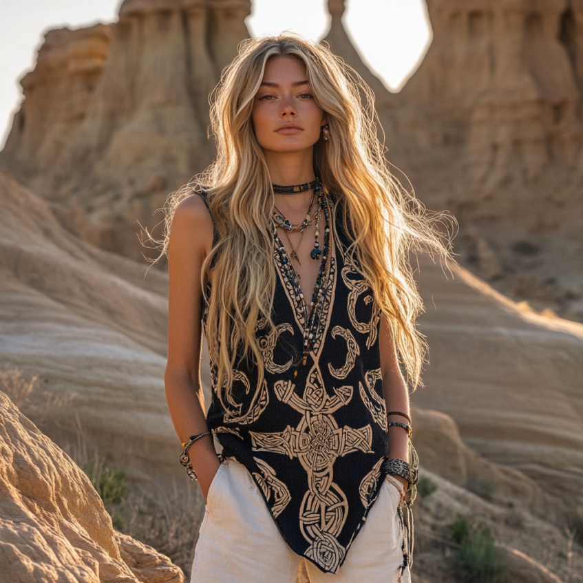 Women's Viking Tribal With Celtic Knot Pattern Art Linen Sleeveless Top Women's Viking Tribal With Celtic Knot Pattern Art Linen Sleeveless Top
