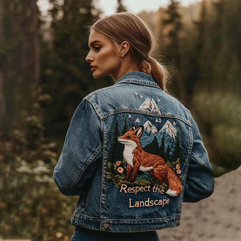 Vintage Landscape Fox And Floral Embroidered Denim Jacket Vintage Landscape Fox And Floral Embroidered Denim Jacket
