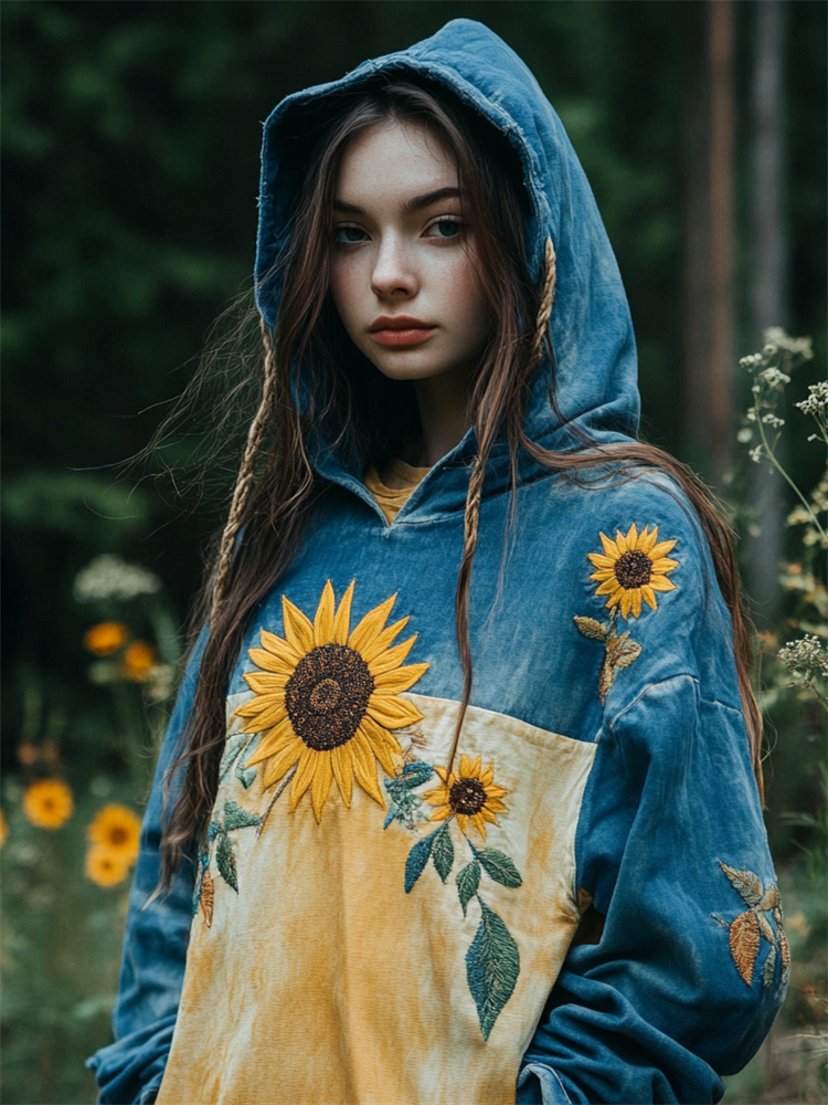 Ukraine Sunflowers Embroidered Contrast Color Washed Hoodie