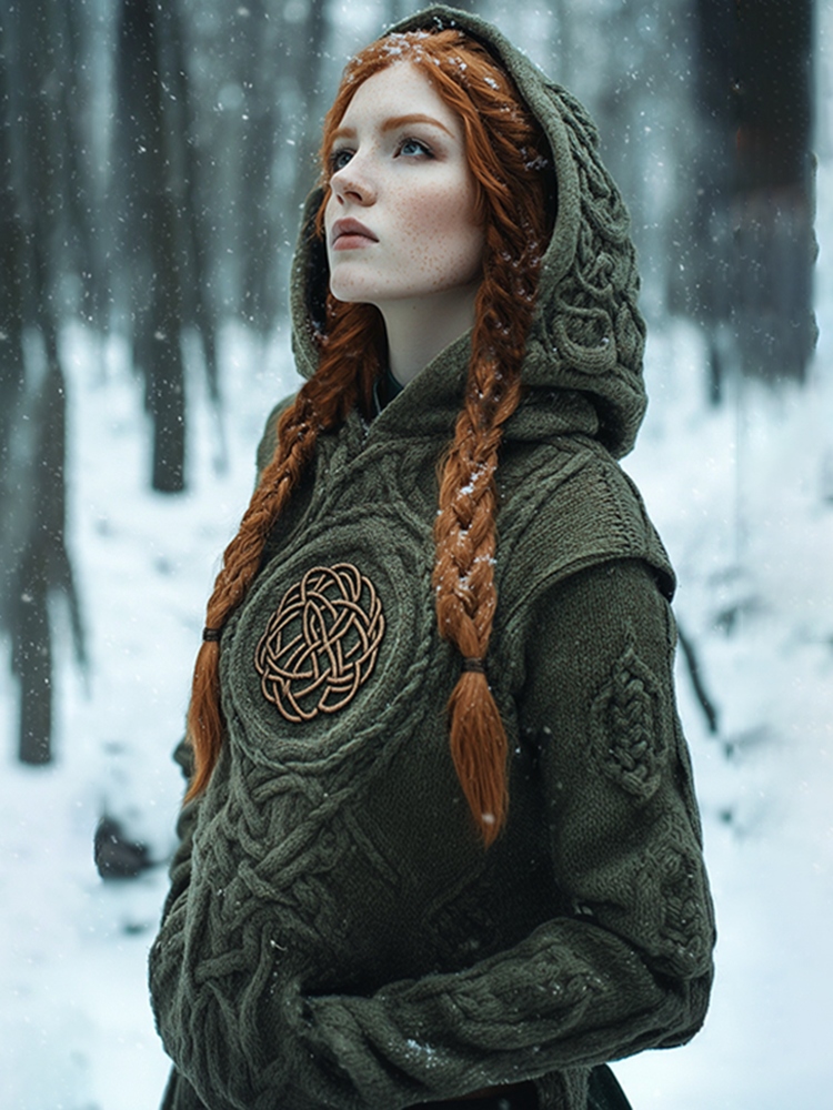 Women's Viking Tribal Celtic Chunky Knit Hooded Sweater