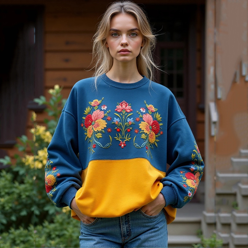 Ukraine Floral Embroidered Crew Neck Sweatshirt