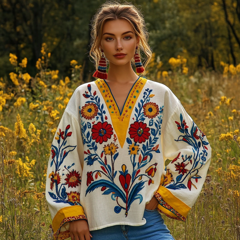 Ukrainian Folk Floral Embroidery Contrasting Color Linen V-neck Shirt