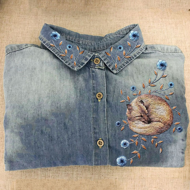 Forest Sleeping Fox Floral Embroidered Washed Denim Blouse
