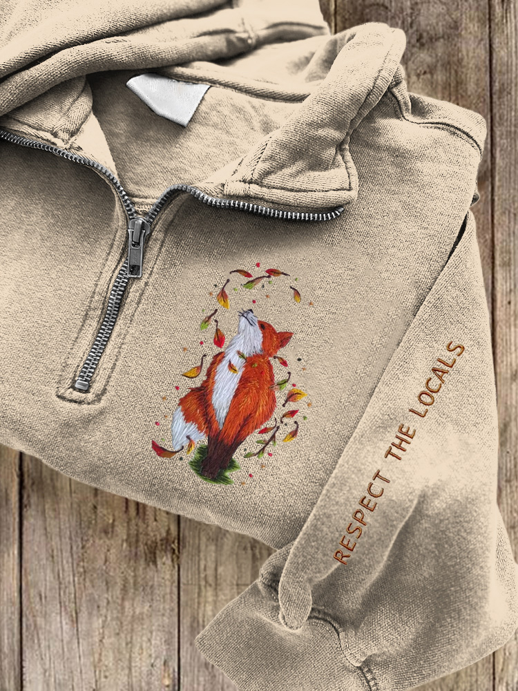 Respect The Locals Fox Embroidered Zip Up Sweatshirt
