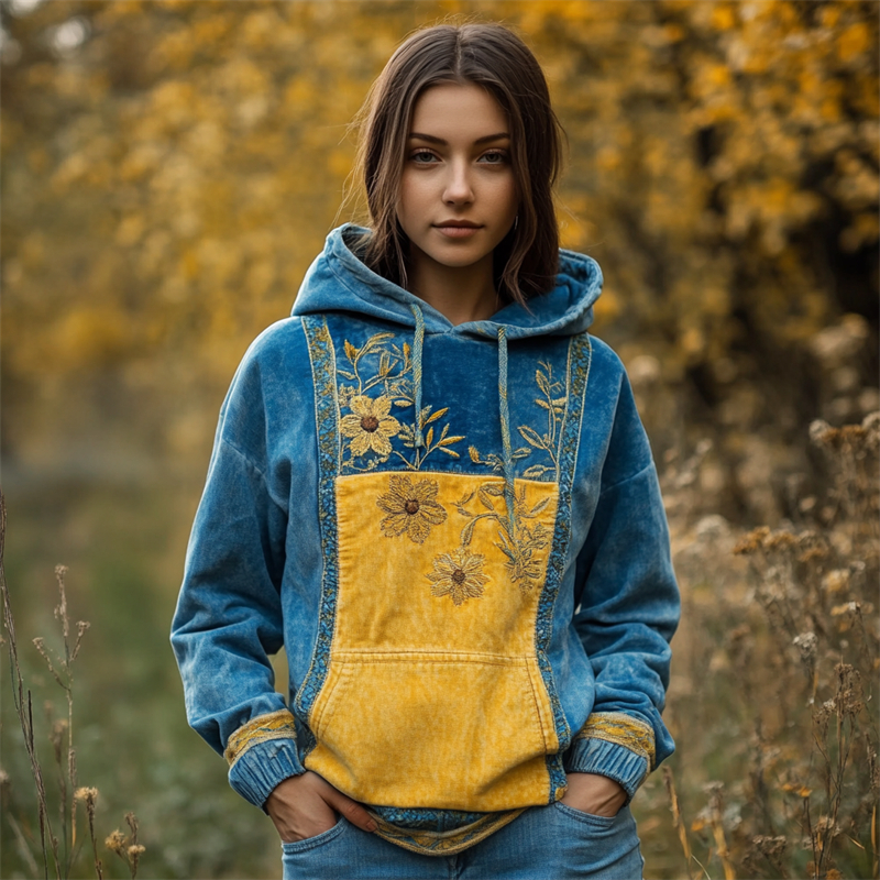 Ukraine Ethnic Floral Embroidered Contrast Color Washed Hoodie