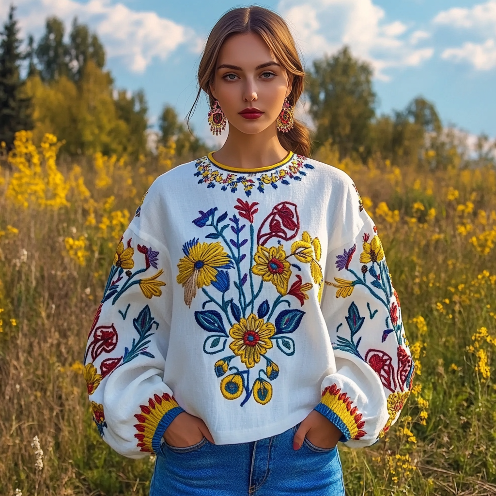 Ukrainian Folk Floral Embroidery Linen Shirt