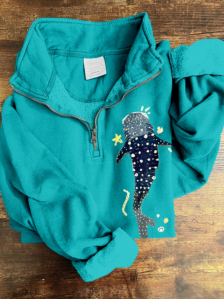 Whale Shark Embroidered Zip Up Comfy Sweatshirt Whale Shark Embroidered Zip Up Comfy Sweatshirt