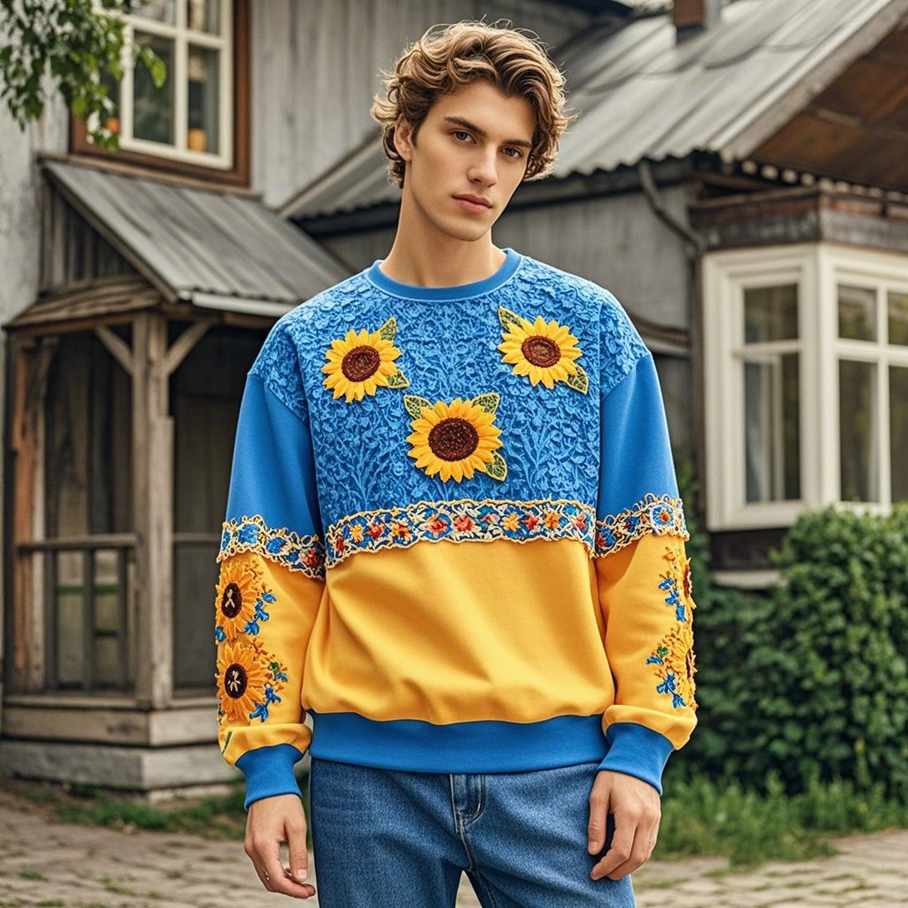 Men's Ukrainian Sunflower Embroidery Crew Neck Casual Sweatshirt Men's Ukrainian Sunflower Embroidery Crew Neck Casual Sweatshirt