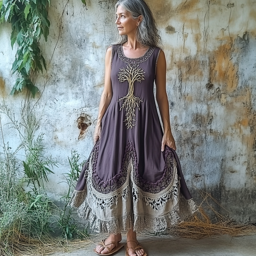 Women's Vintage Tribal Tree Of Life Patchwork Linen Blend Midi Dress Women's Vintage Tribal Tree Of Life Patchwork Linen Blend Midi Dress