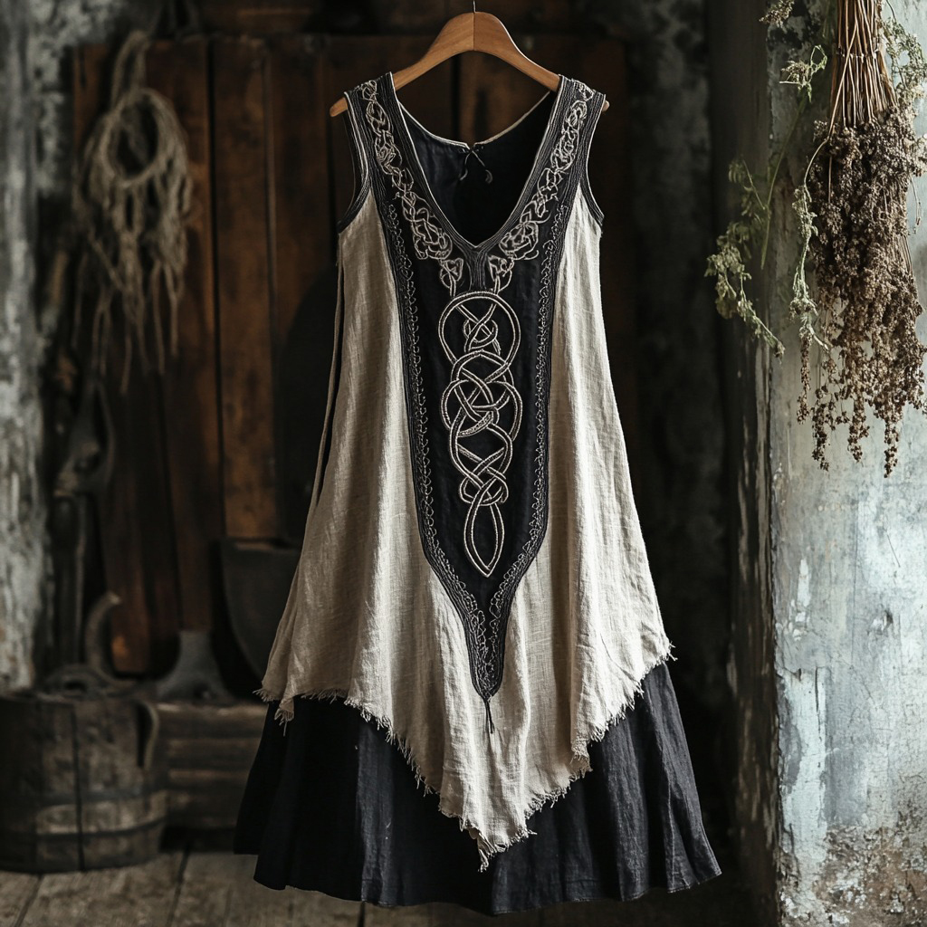 Tribal Celtic Embroidery Patchwork Art Linen Tank Dress Tribal Celtic Embroidery Patchwork Art Linen Tank Dress