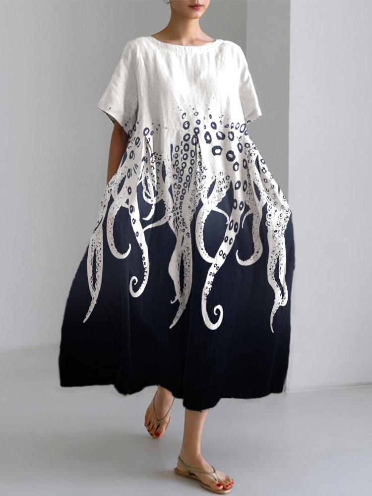 Ocean Octopus Japanese Art Linen Blend Casual Dress Ocean Octopus Japanese Art Linen Blend Casual Dress