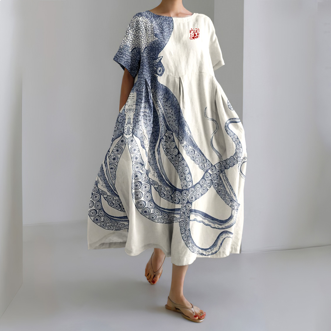 Japanese Art Octopus And Crab Print Casual Art Linen Blend Maxi Dress Japanese Art Octopus And Crab Print Casual Art Linen Blend Maxi Dress