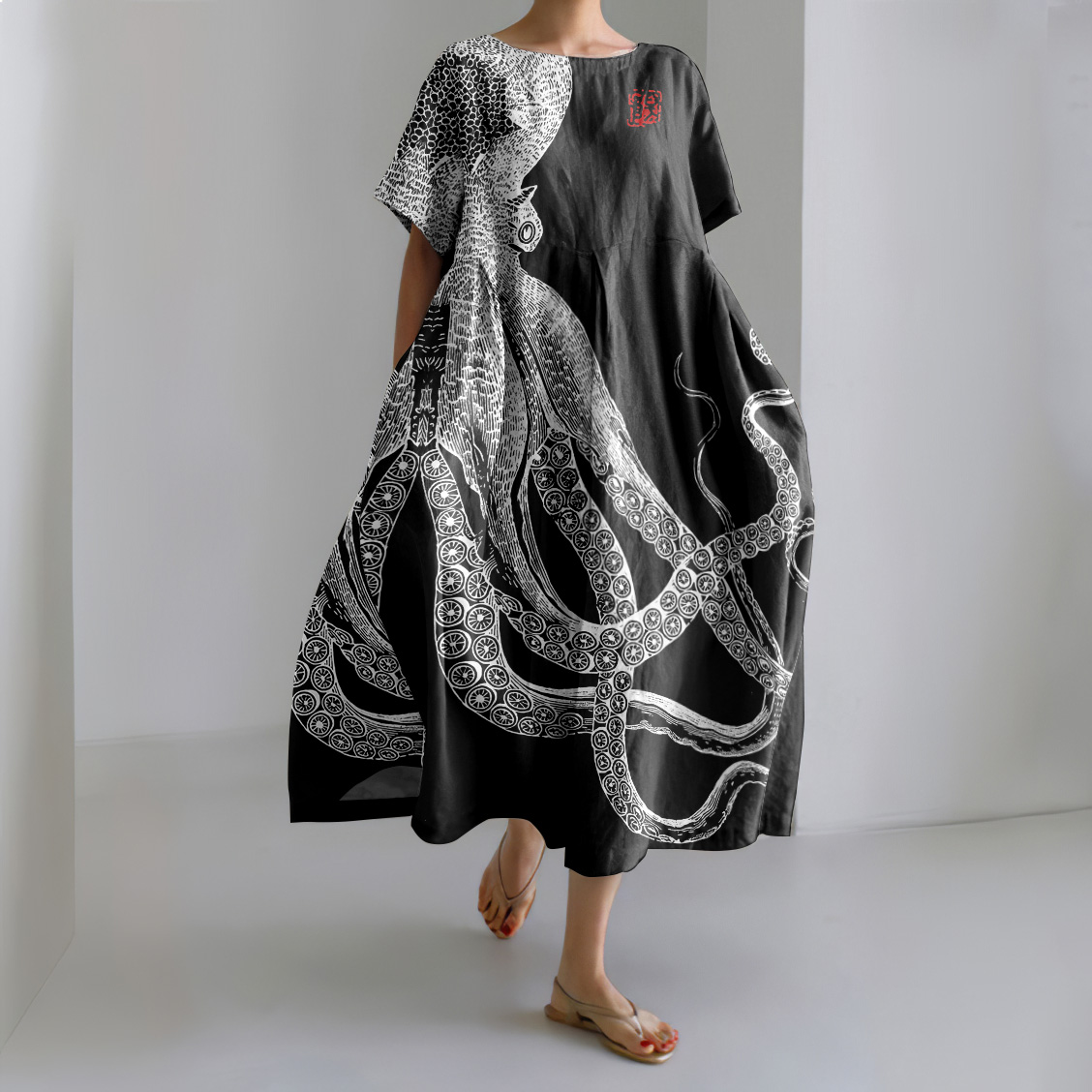 Japanese Art Octopus And Crab Print Casual Art Linen Blend Maxi Dress Japanese Art Octopus And Crab Print Casual Art Linen Blend Maxi Dress