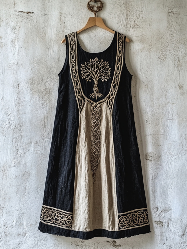 Vintage Viking Art Linen Sleeveless Maxi Dress