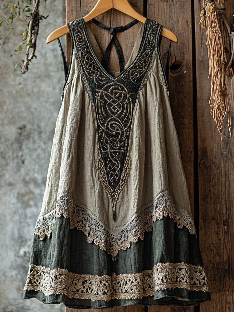 Tribal Celtic Embroidery Patchwork Lace Art Linen Tank Dress