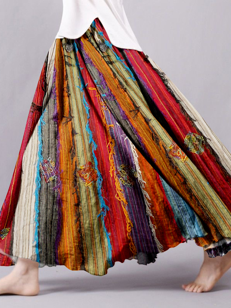 Boho Colorful Textile Flowy Linen Blend Wide Skirt