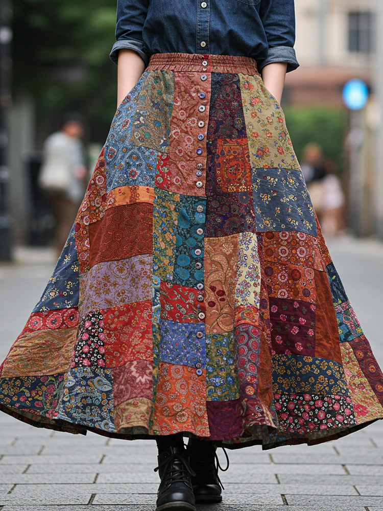 Bohemian Style Colorful Patchwork Ethnic Print Skirt