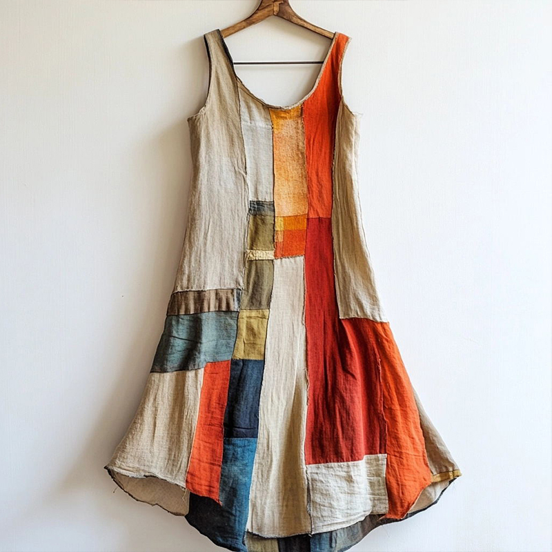 Vintage Multicolor Patchwork Art Linen Blend Dress Vintage Multicolor Patchwork Art Linen Blend Dress