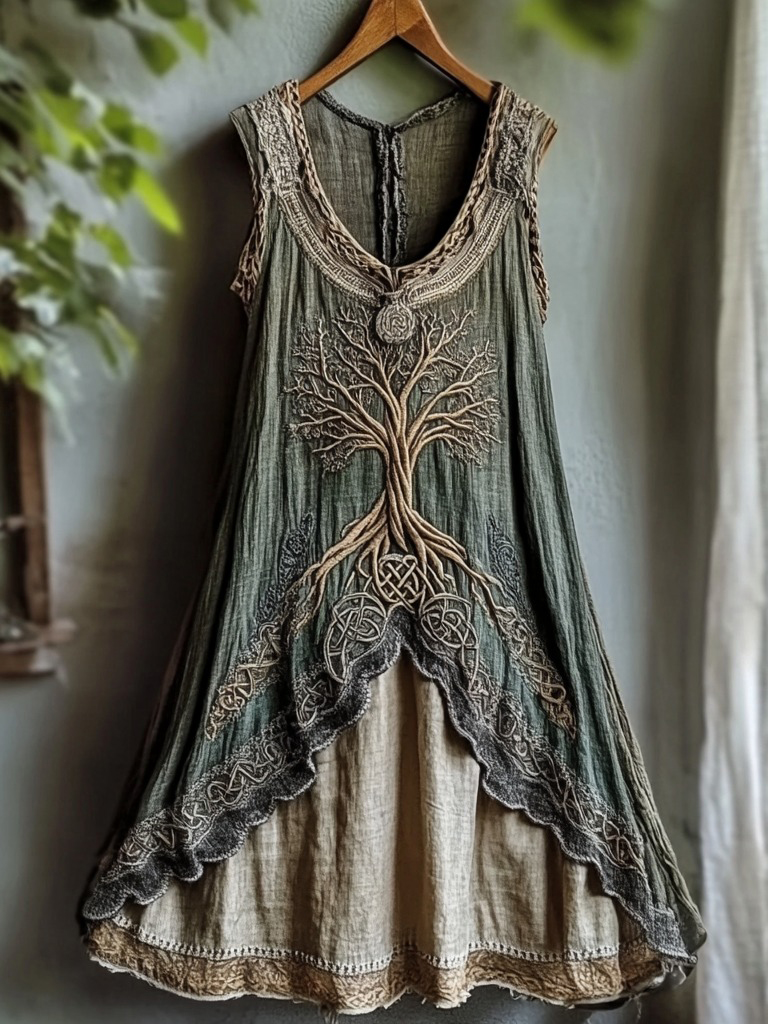 Tribal Viking Life Of Tree Celtic Knot Lace Art Linen Tank Dress