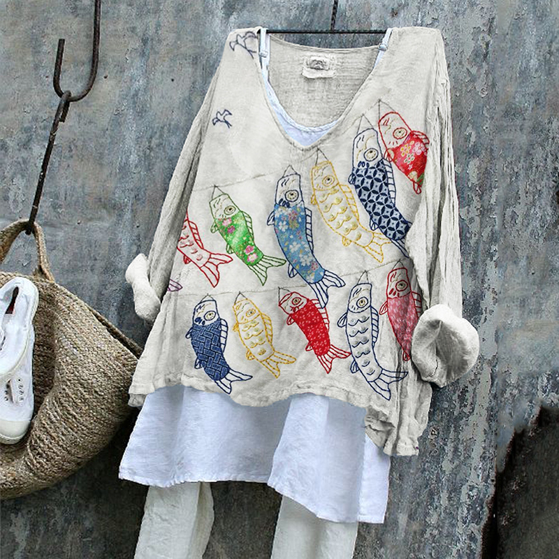 Japanese Colorful Carp Streamer Embroidered Linen Blend Tunic Japanese Colorful Carp Streamer Embroidered Linen Blend Tunic