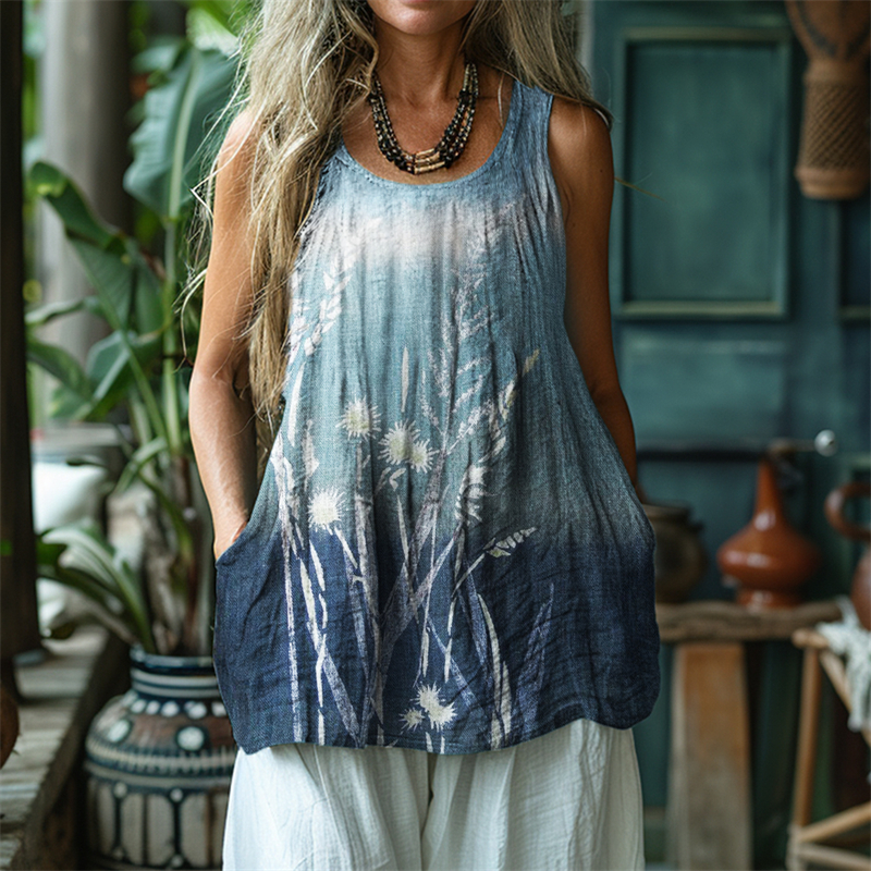 Flowers Gradient Dyed Linen Tank Top Flowers Gradient Dyed Linen Tank Top
