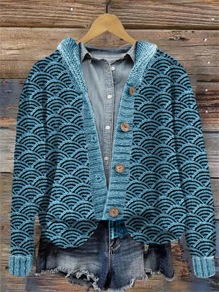 Japanese Sea Waves Inspired Knit Art Hooded Cardigan Japanese Sea Waves Inspired Knit Art Hooded Cardigan