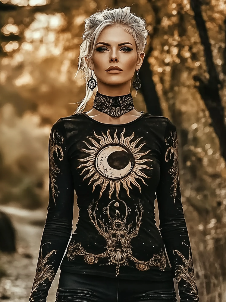 Retro Mystical Moon Print Basic T-shirt