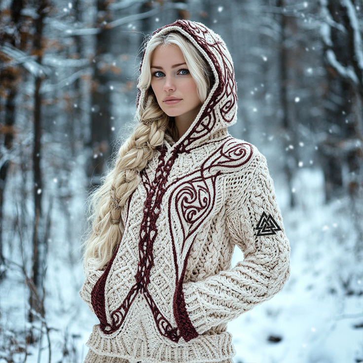 Women's Viking Jacquard Celtic Knitted Hooded Sweater