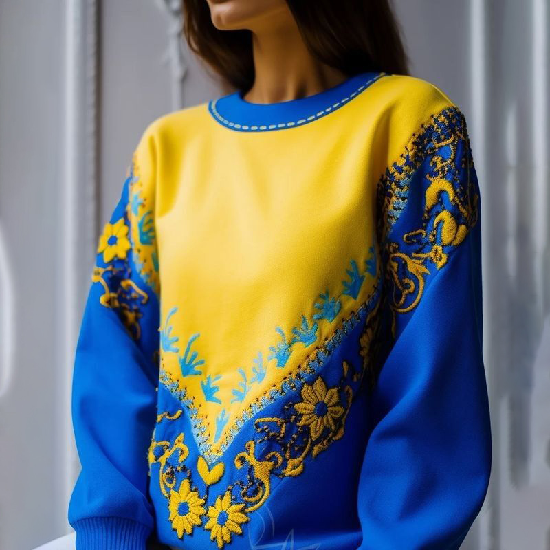 Ukraine Ethnic Floral Contrast Color Sweatshirt