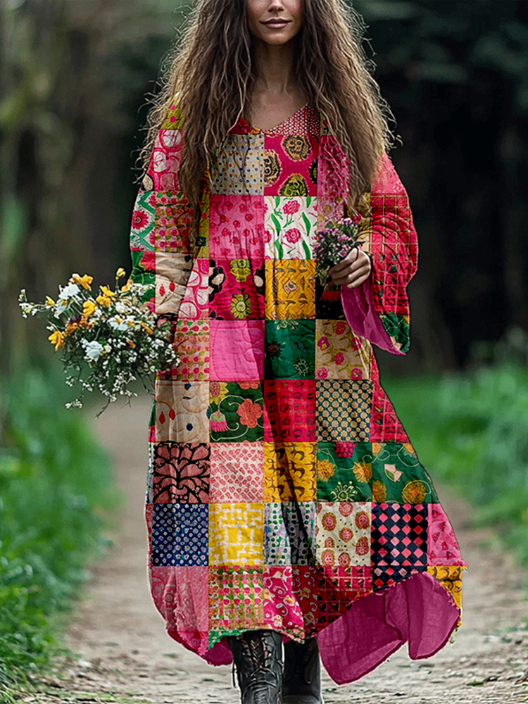 Bohemian Patchwork Art Pattern Flowy Linen Dress
