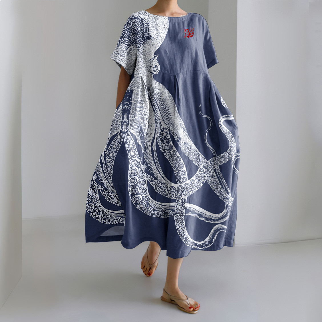 Japanese Art Octopus And Crab Print Casual Art Linen Blend Maxi Dress Japanese Art Octopus And Crab Print Casual Art Linen Blend Maxi Dress