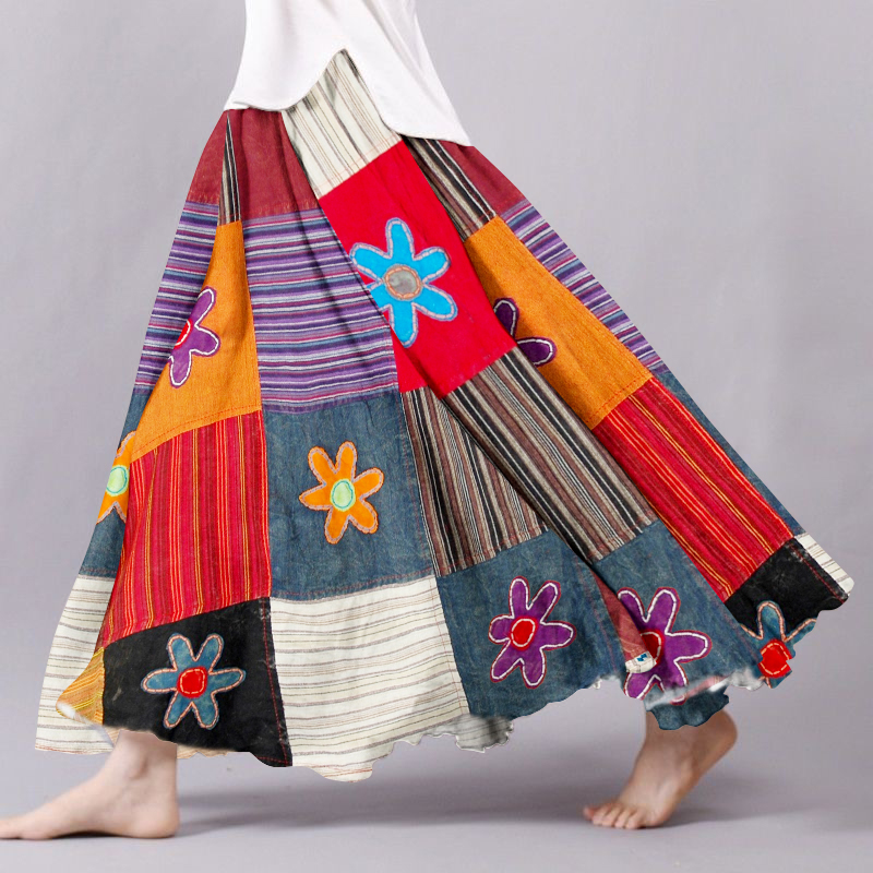 Vintage Bohemian Floral Geometric Patchwork Linen Skirt Vintage Bohemian Floral Geometric Patchwork Linen Skirt