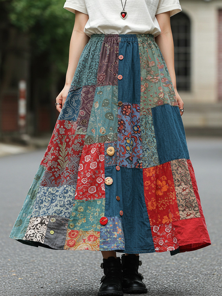 Bohemian Style Colorful Patchwork Ethnic Print Skirt