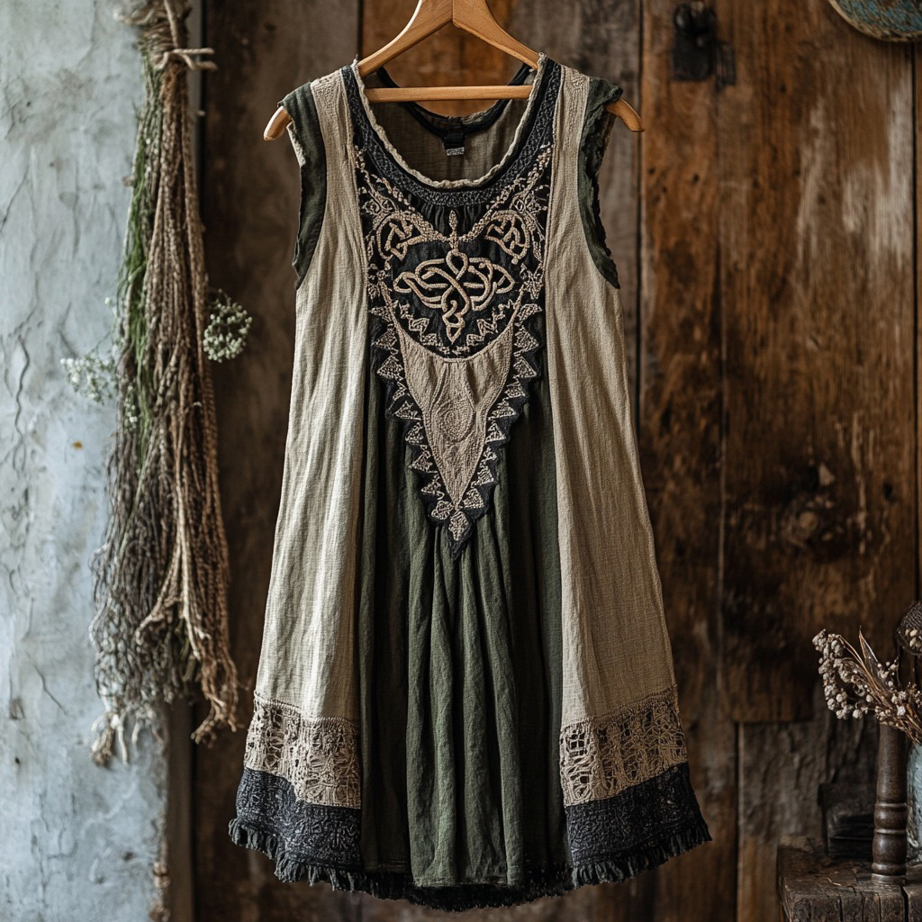 Tribal Celtic Knot Lace Patchwork Art Linen Tank Dress Tribal Celtic Knot Lace Patchwork Art Linen Tank Dress