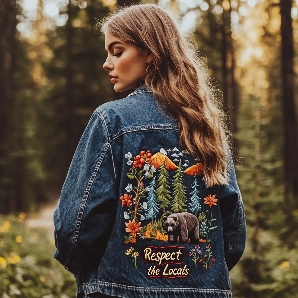 Respect The Locals Bear Embroidery Women's Denim Jacket Respect The Locals Bear Embroidery Women's Denim Jacket