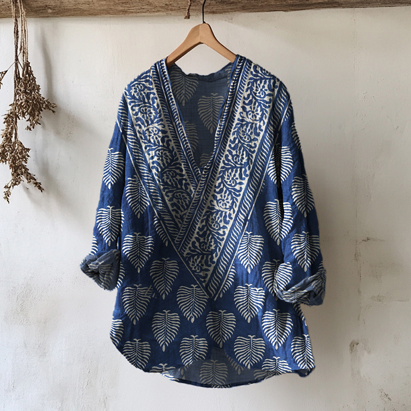 Indigo Leaves Ethnic Block Print Beach Linen Tunic Indigo Leaves Ethnic Block Print Beach Linen Tunic