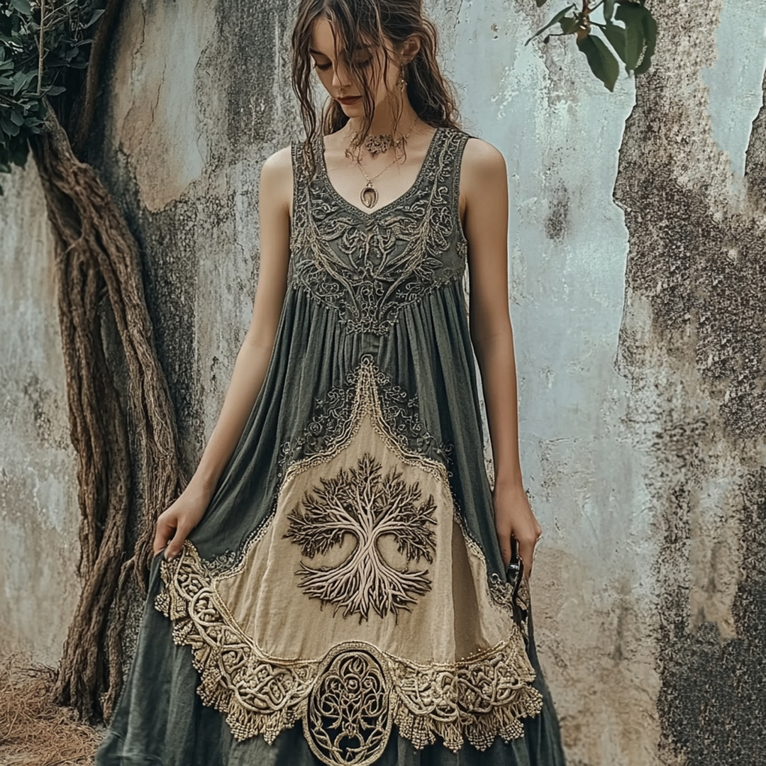 Vintage Tribal Viking Tree Of Life Celtic Knot Linen Blend Tank Midi Dress Vintage Tribal Viking Tree Of Life Celtic Knot Linen Blend Tank Midi Dress