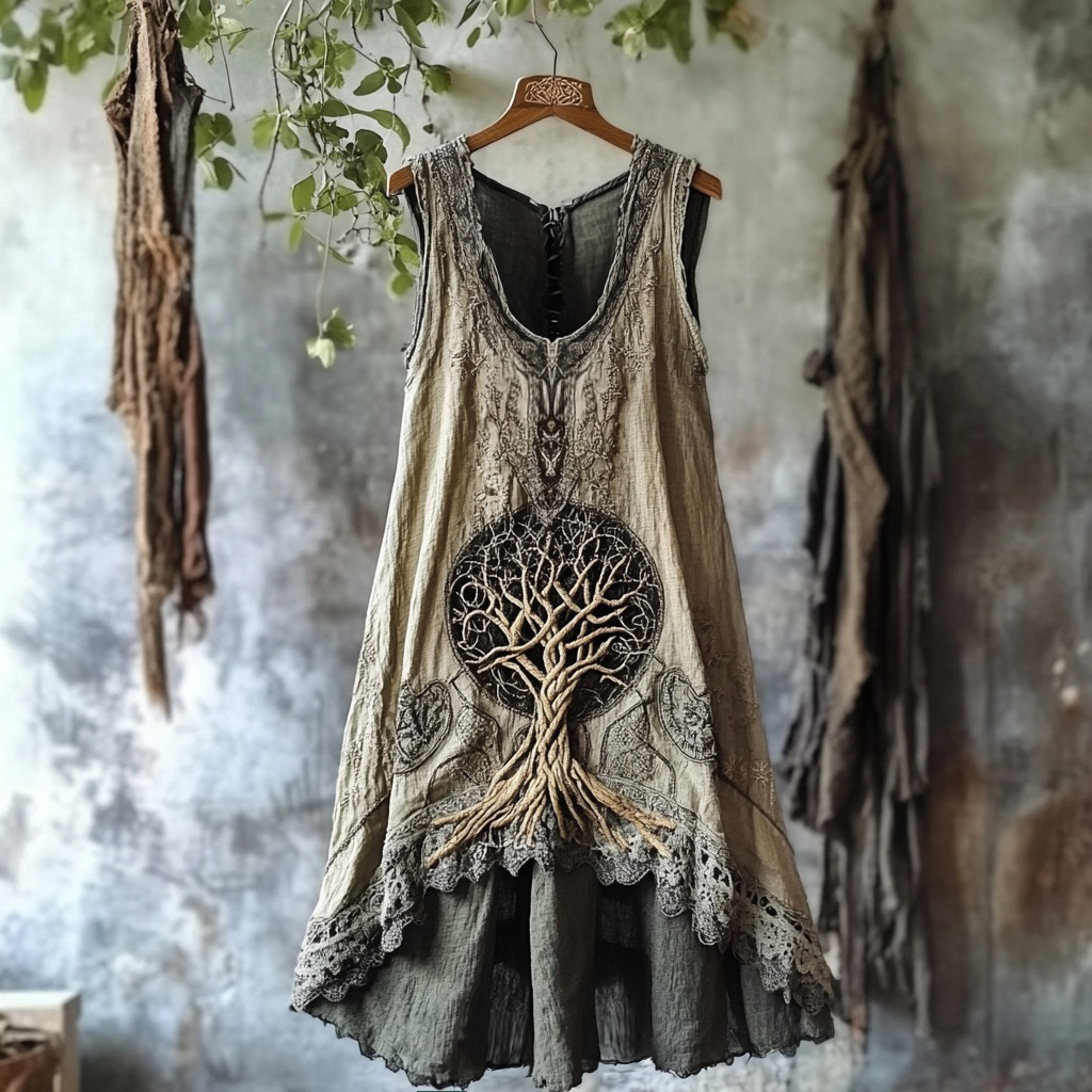 Tribal Life Of Tree Celtic Embroidery Art Linen Tank Dress Tribal Life Of Tree Celtic Embroidery Art Linen Tank Dress