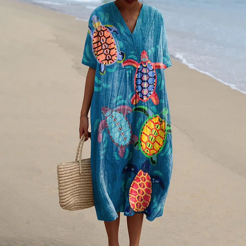 Women's Resort Collection Watercolor Turtle Pattern Pattern Casual Flowy Midi Dress