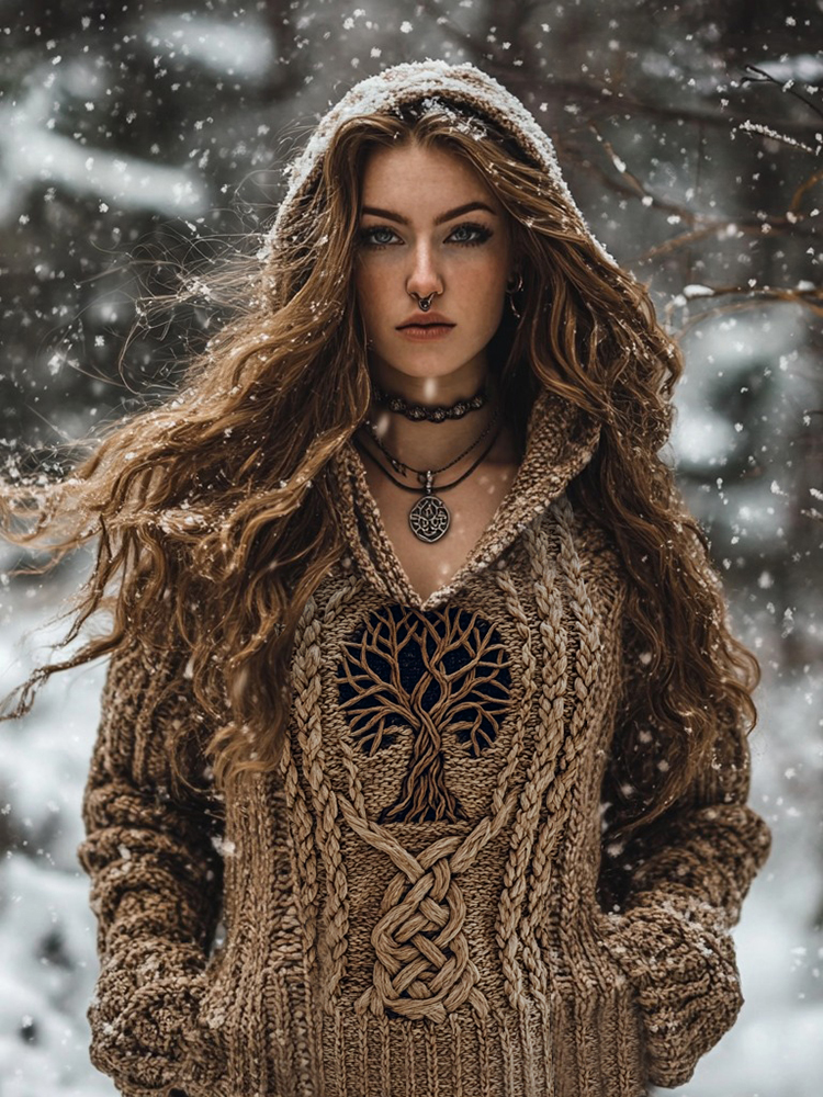 Women's Viking Tribal Runes Life Of Tree Chunky Knit Hooded Sweater