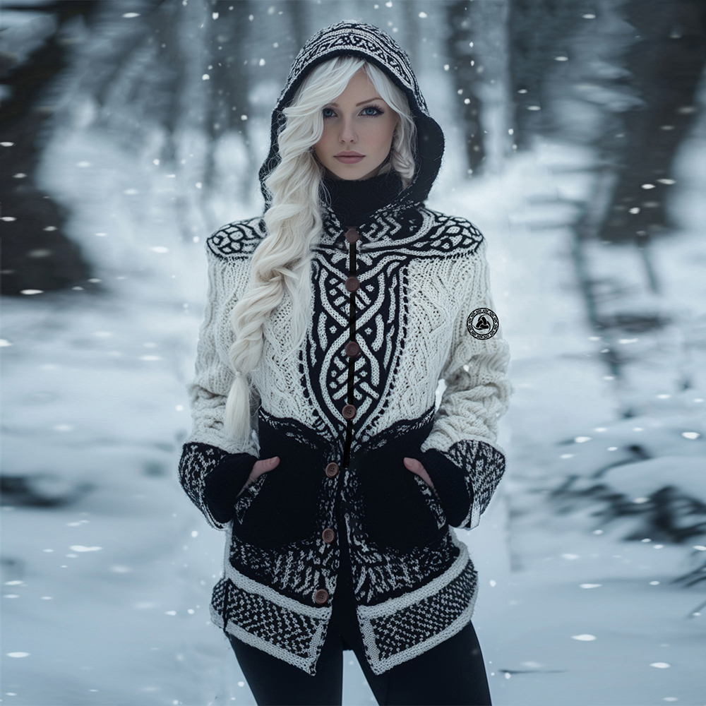 Vintage Odin Delta Rune Celtic Knot Knit Jacquard Button Hooded Sweater