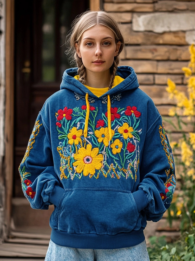 Ukrainian Floral Embroidered Vintage Cozy Hoodie