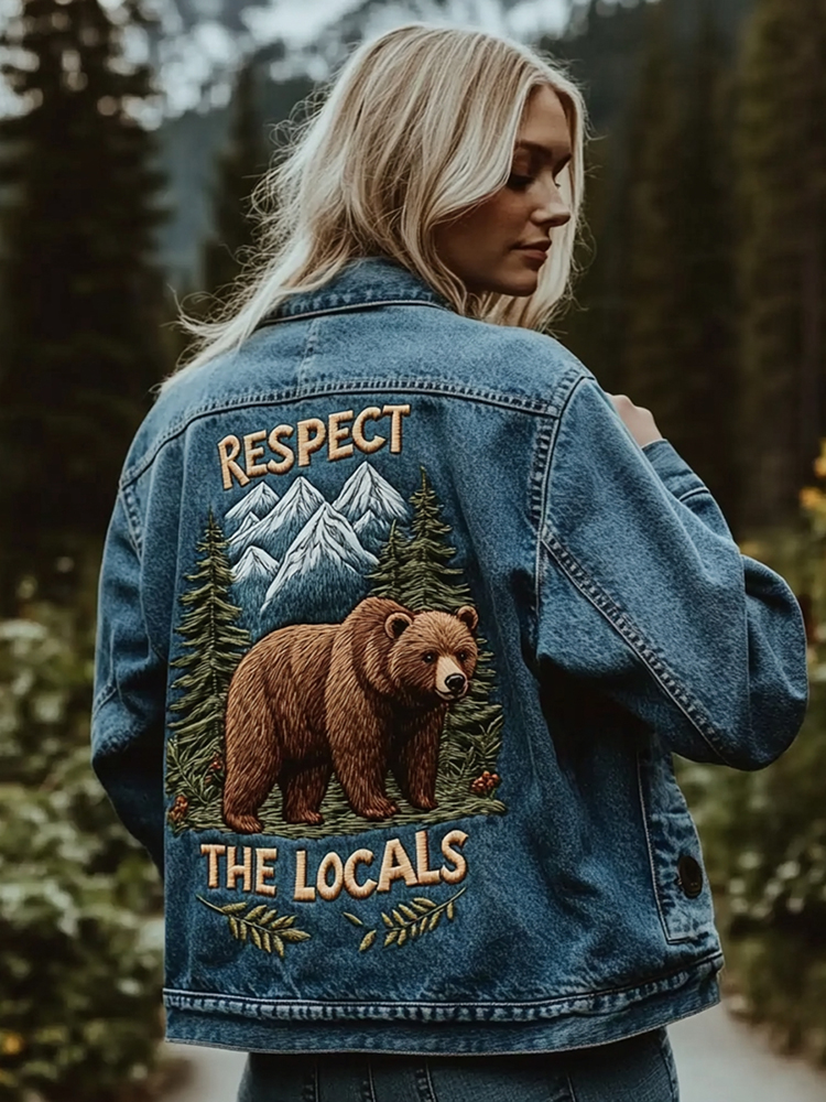 Respect The Locals Bear Embroidery Women's Denim Jacket