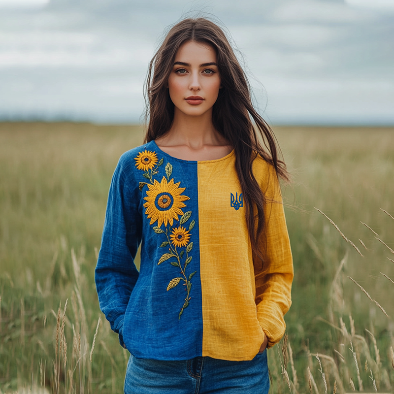 Ukraine Sunflower Embroidery Art Blend Linen Round Neck T-shirt