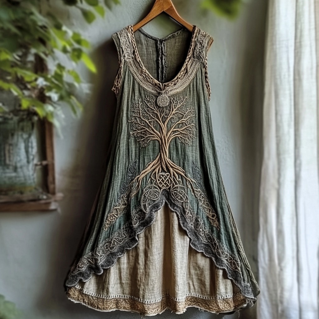 Tribal Viking Life Of Tree Celtic Knot Lace Art Linen Tank Dress Tribal Viking Life Of Tree Celtic Knot Lace Art Linen Tank Dress