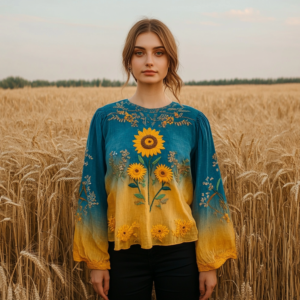 Women's Ukrainian Sunflower Embroidery Art Linen Blend T-shirt Women's Ukrainian Sunflower Embroidery Art Linen Blend T-shirt