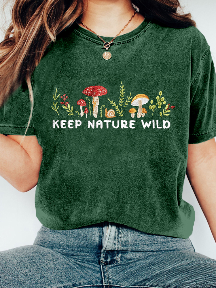 Keep Nature Wild Mushroom Embroidered Washed T Shirt
