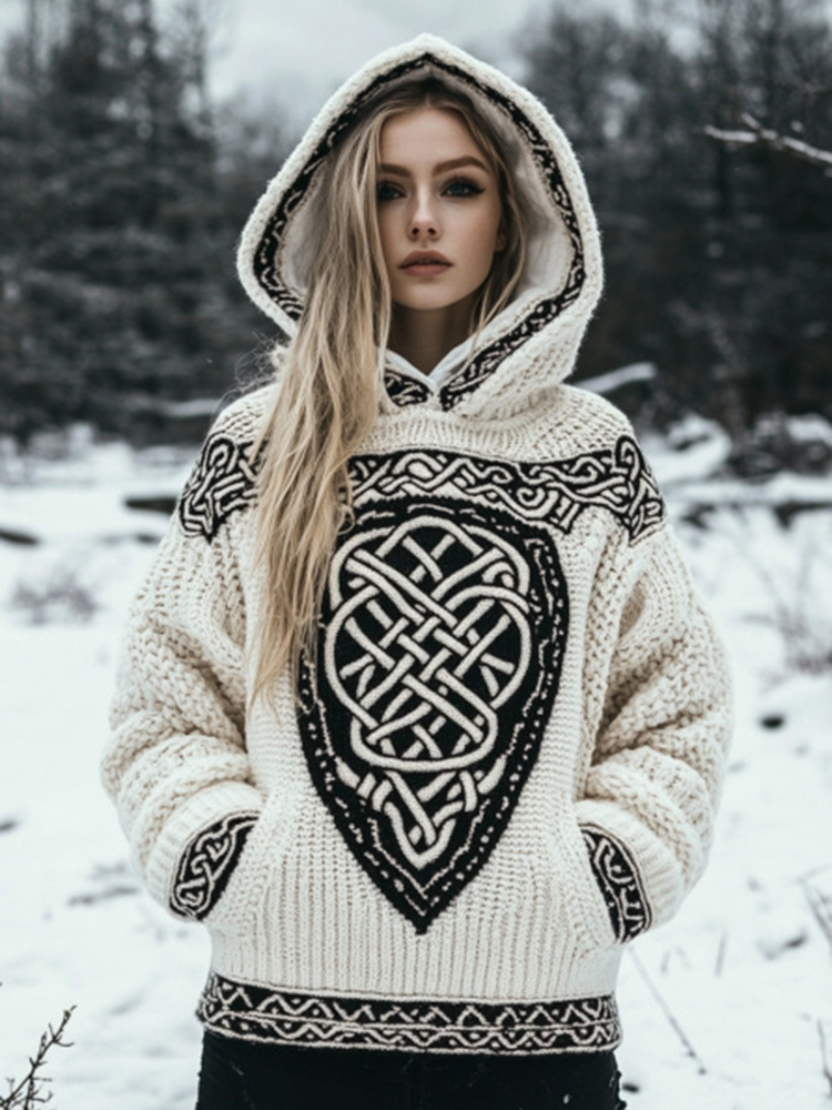 Women's Tribal Knit Jacquard Warm Hooded Sweater