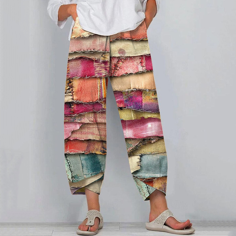Women's Vintage Multicolor Patchwork Art Linen Blend Pants Women's Vintage Multicolor Patchwork Art Linen Blend Pants