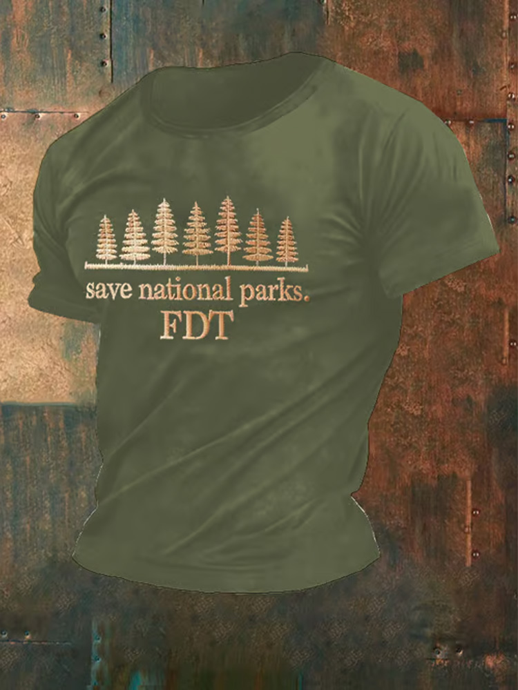 Men's Retro Save National Parks Fdt Printed Casual Crew Neck T-shirt